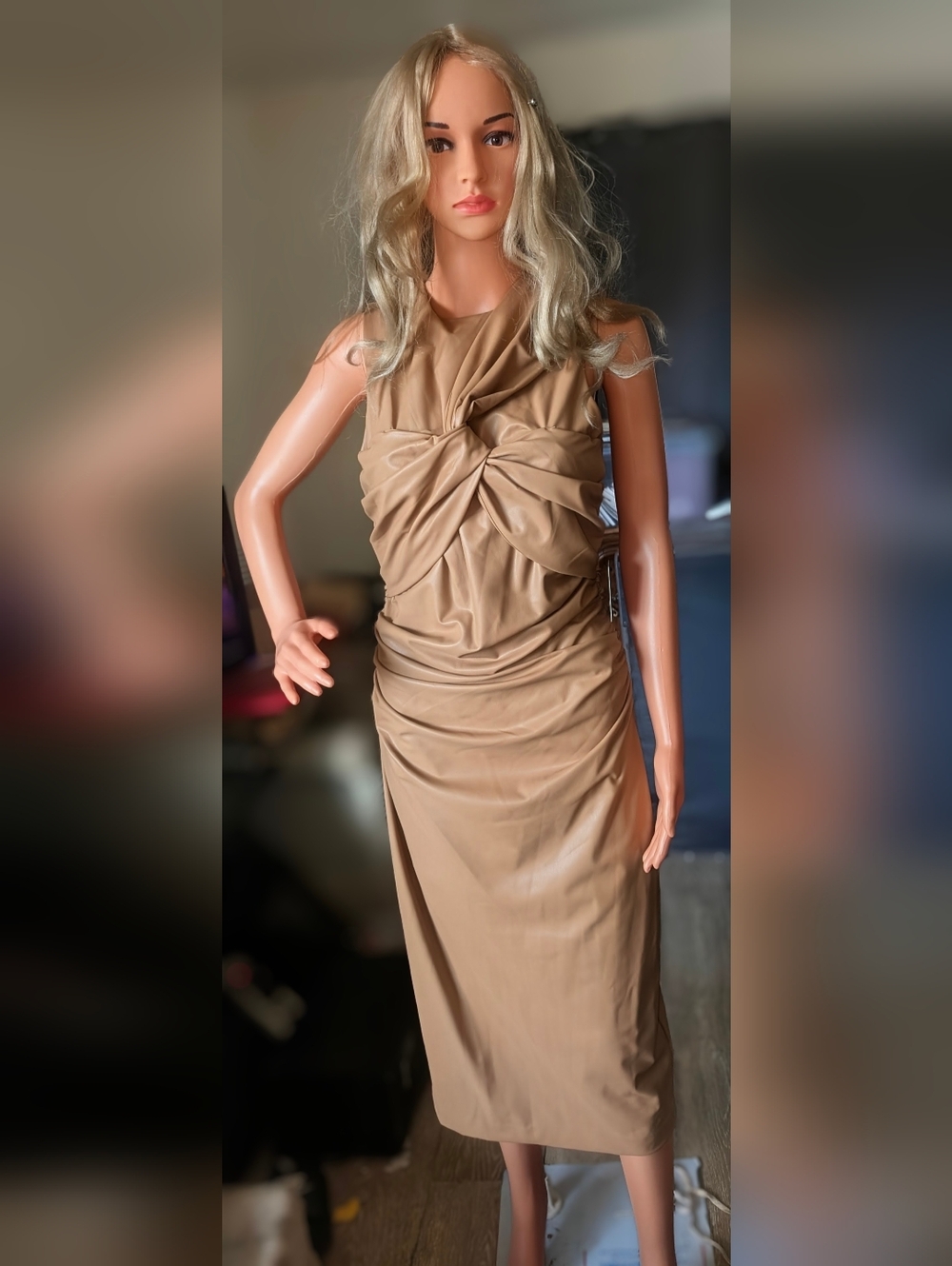 Express Tan Body Contour Faux Leather Twist Front Midi Dress(New w/Tags!)